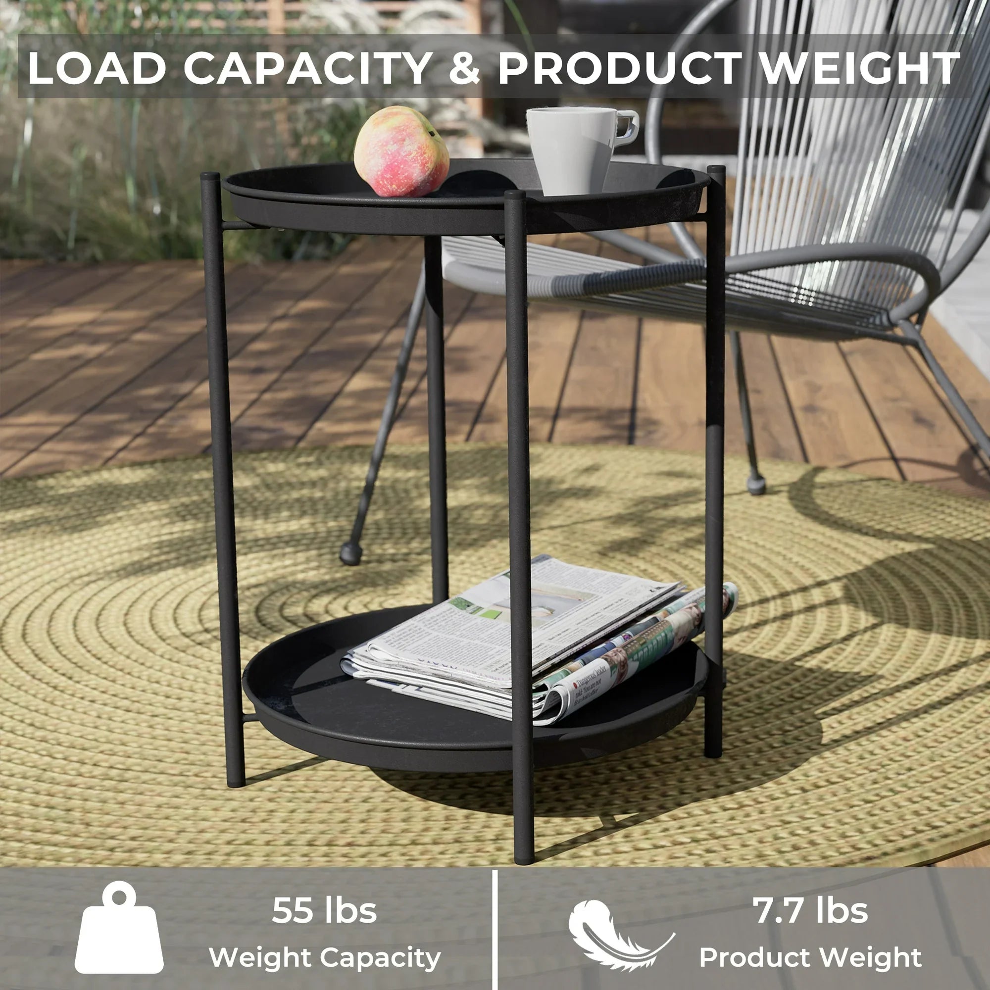LIFERECORD 2-Tier Round Metal End Table with Removable Tray – Small Space-Saving Side Table for Living Room, Bedroom, Balcony, Patio, Black