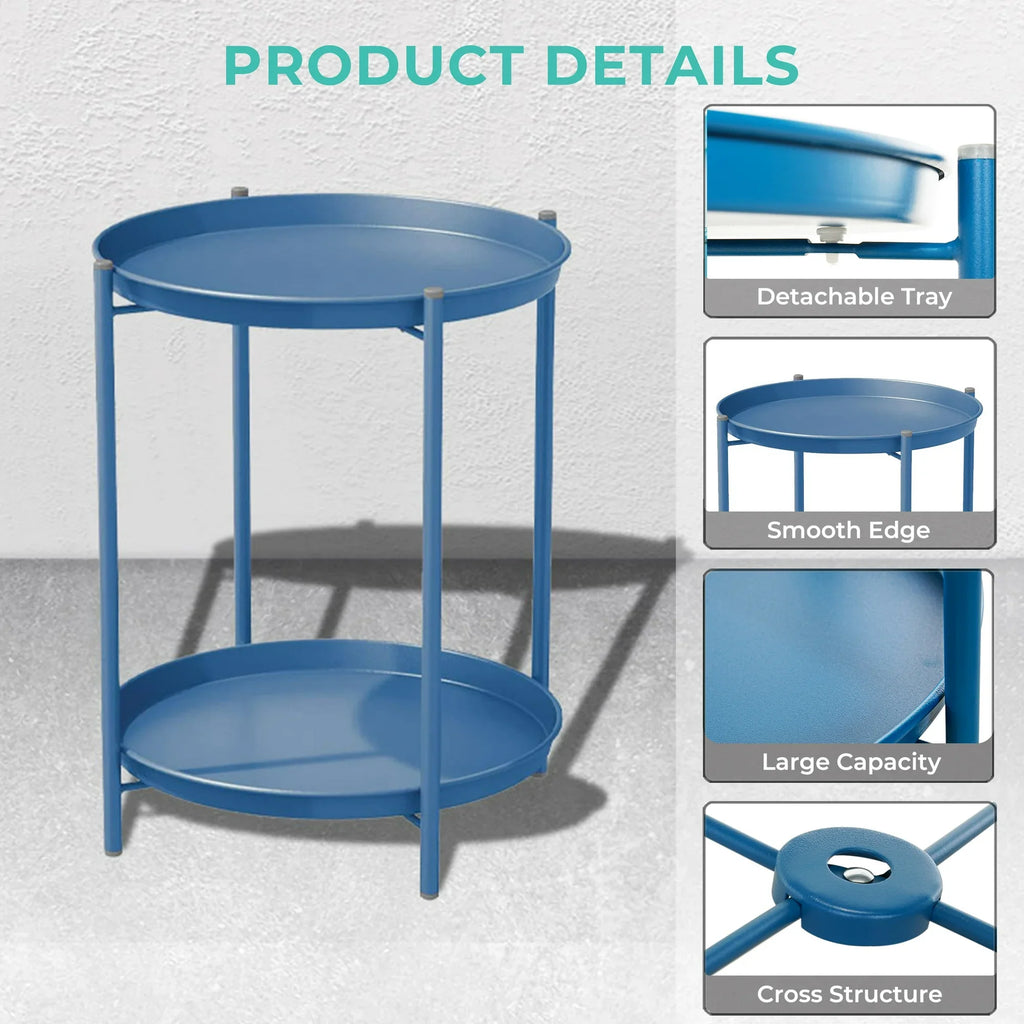 LIFERECORD 2-Tier Round Metal End Table with Removable Tray – Small Space-Saving Side Table for Living Room, Bedroom, Balcony, Patio, Blue