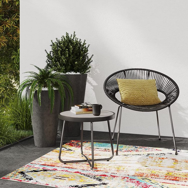 LIFERECORD Outdoor Patio 20-inch Round Outdoor Side Table with Ceramic Tile Top, Weather Resistant Steel Patio End Table for Porch, Garden, Balcony, Creamy White