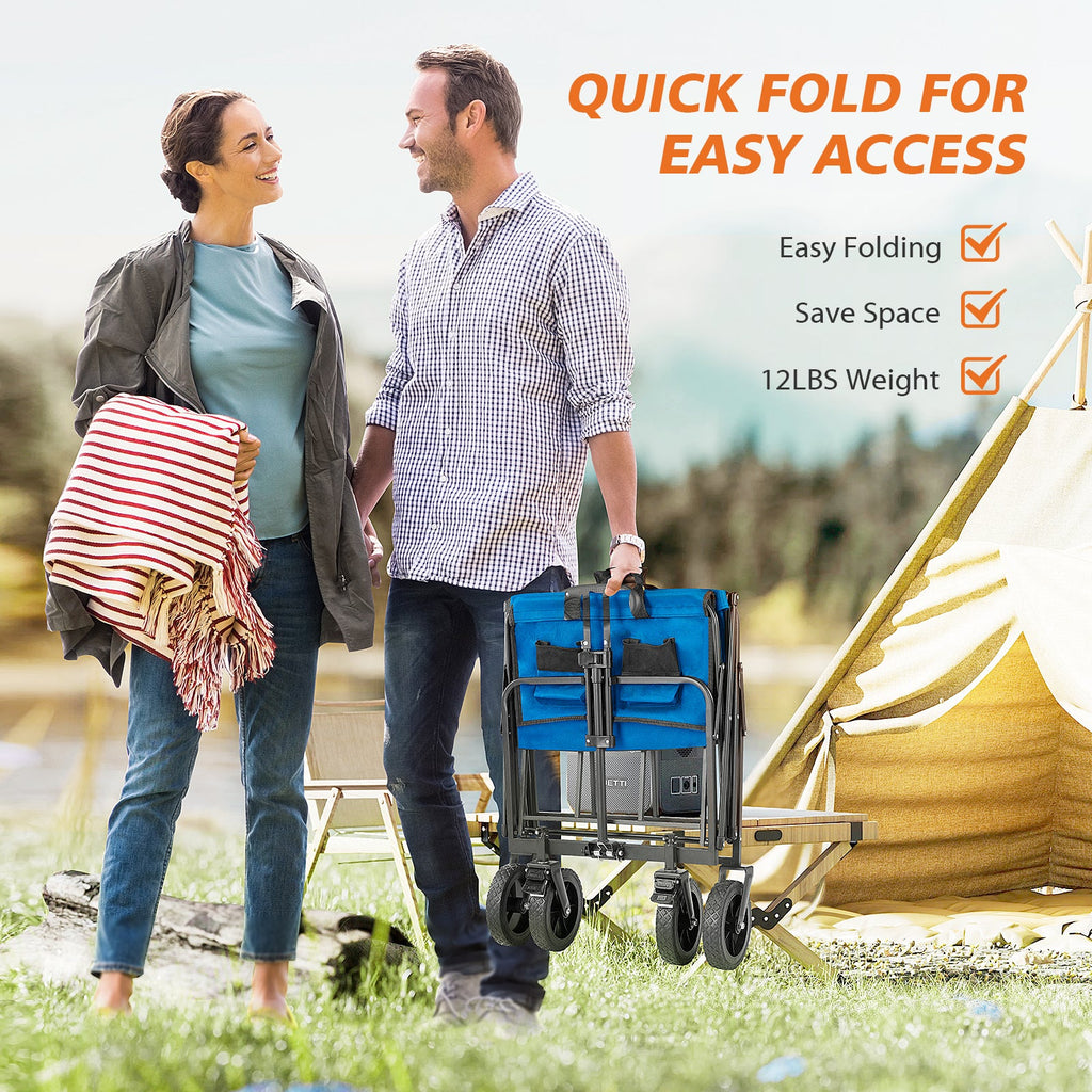 ACCVER Heavy Duty Collapsible Wagon Cart - 400LBS Capacity Folding Utility Cart w/ All-Terrain Wheels, Drink Holders for Camping, Beach, Grocery, Sports (Foldable & Portable), Extra Large Blue