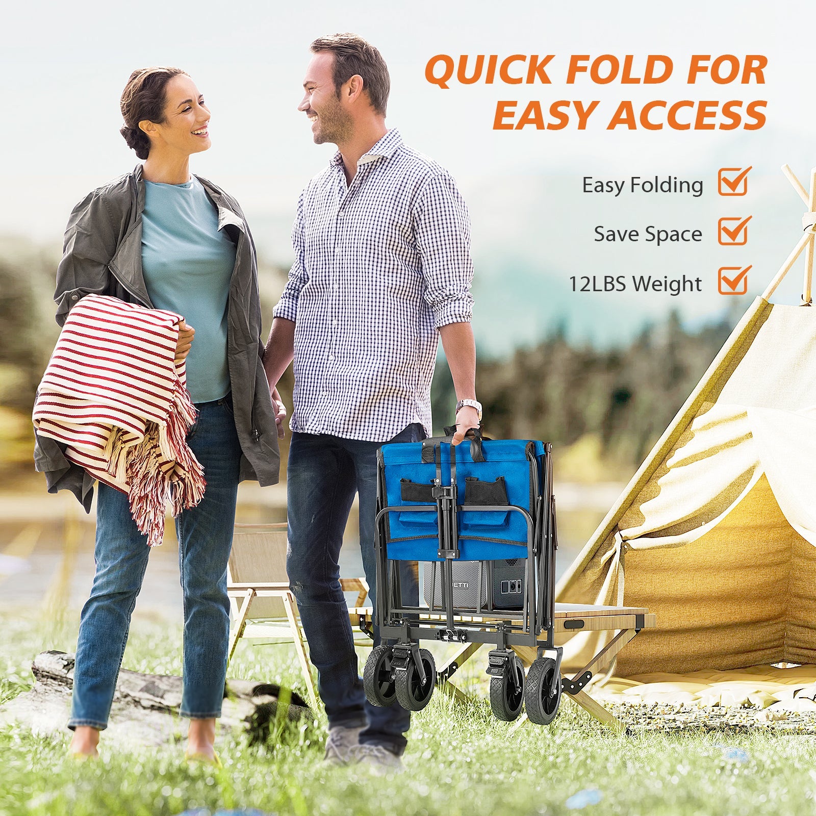 ACCVER Heavy Duty Collapsible Wagon Cart - 400LBS Capacity Folding Utility Cart w/ All-Terrain Wheels, Drink Holders for Camping, Beach, Grocery, Sports (Foldable & Portable), Extra Large Blue