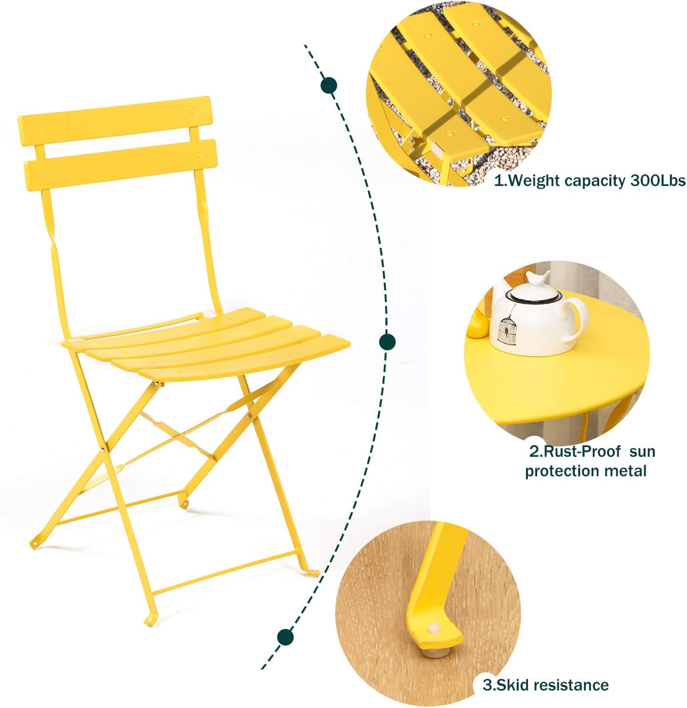 3-Piece Folding Bistro Set, 2 Chairs and 1 Table, Weather-Resistant Outdoor Indoor Conversation Set for Patio, Yard, Yellow