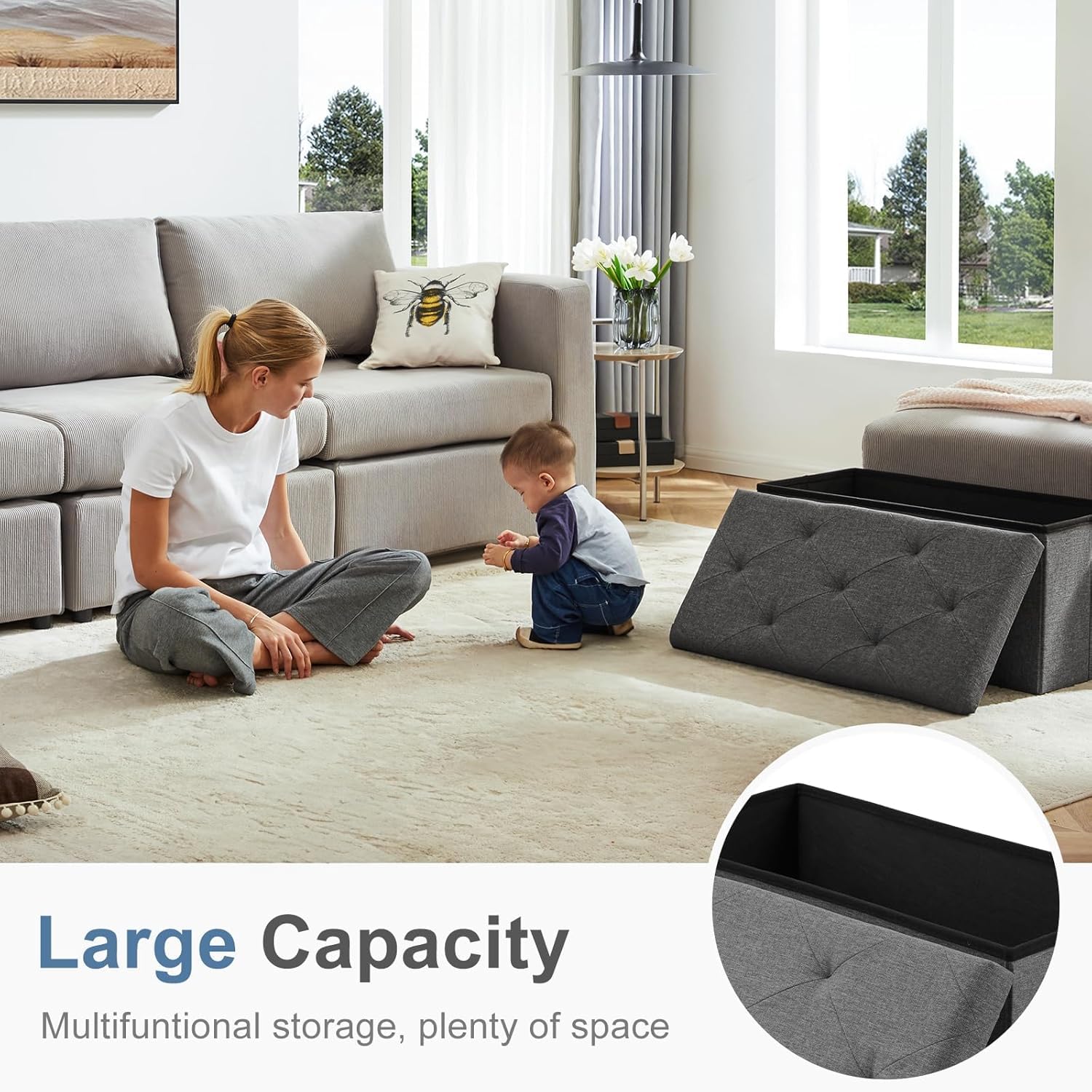 ACCVER 30 Inches Foldable Storage Ottoman Bench - 660lbs Large Padded Seat Foot Rest w/ 154L Storage Chest, for Bedroom, Living Room & Entryway, Linen Grey