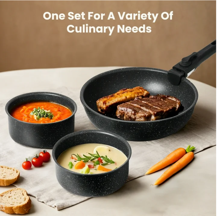 LIFERECORD 12-Piece Nonstick Pots and Pans Set, Granite Coating Cookware Set with Detachable Handle, Induction Compatible, Oven & Dishwasher Safe, Includes Frying Pans, Saucepan & Utensils Black