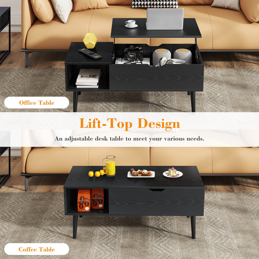LIFERECORD Lift Top Coffee Table with Hidden Compartment, Wooden Center Tables with Storage Shelf for Living Room, Reception Room, Classic Black
