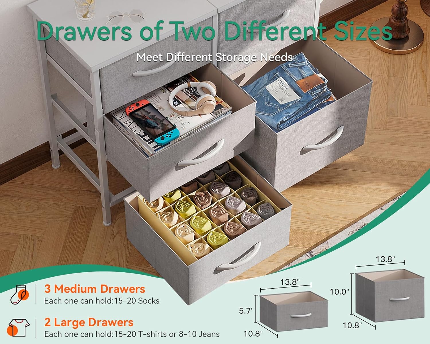 ACCVER 5-Drawer Fabric Dresser with Wood Top & Metal Frame, Closet and Chest for Bedroom, Clothes Storage Organizer, for Living Room, Apartment,Grey