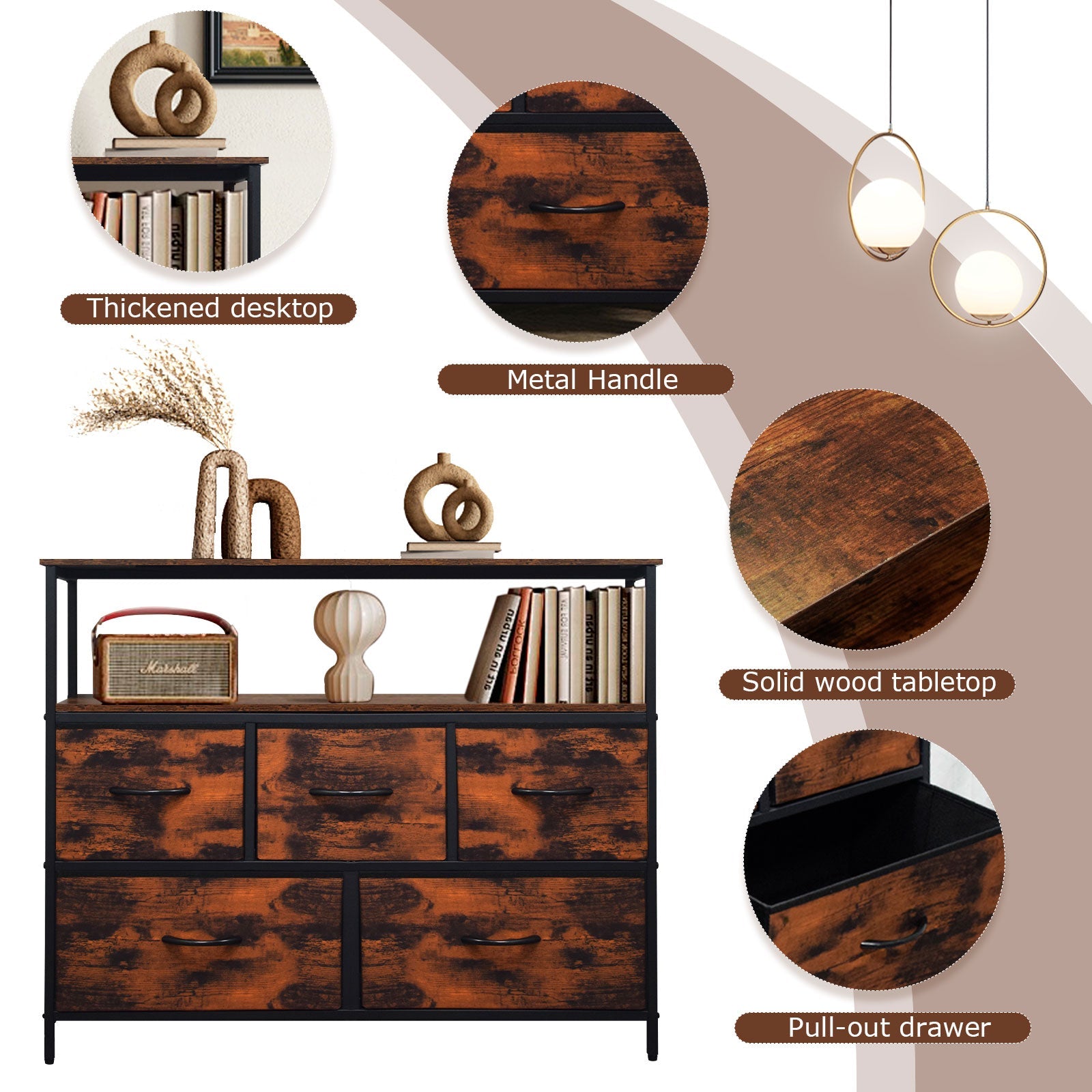 ACCVER 5-Drawer Dresser with Shelves, TV Stand with Fabric Drawers for Living Room, Closet and Chest for Bedroom & Apartment, Clothes Storage Organizer, Brown