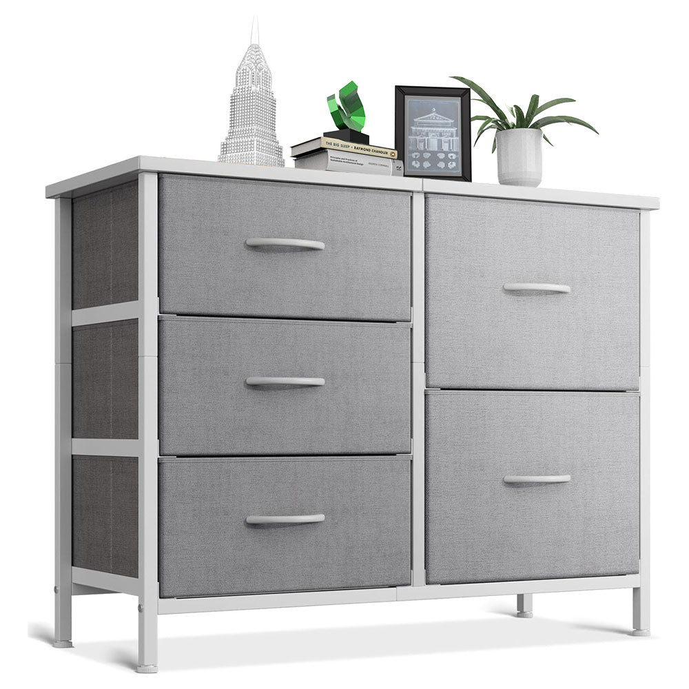 ACCVER 5-Drawer Fabric Dresser with Wood Top & Metal Frame, Closet and Chest for Bedroom, Clothes Storage Organizer, for Living Room, Apartment,Grey