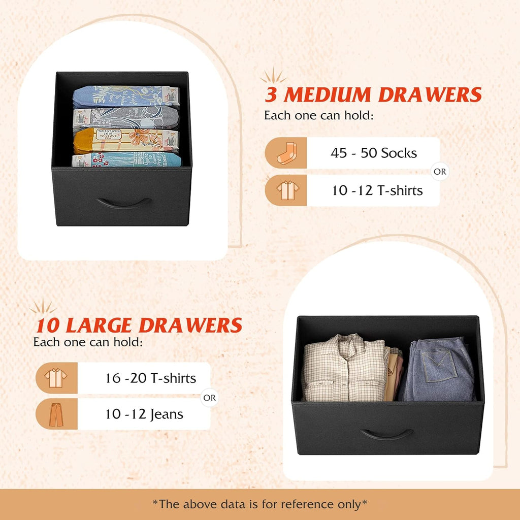 ACCVER 13-Drawer Fabric Dresser with Wood Top & Metal Frame, Closet and Chest for Bedroom, Clothes Storage Organizer, for Living Room, Apartment,Black