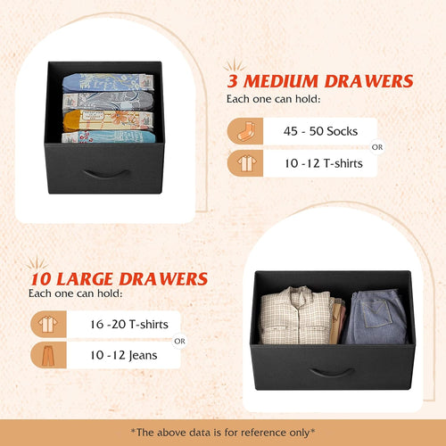 ACCVER 13-Drawer Fabric Dresser with Wood Top & Metal Frame, Closet and Chest for Bedroom, Clothes Storage Organizer, for Living Room, Apartment,Black