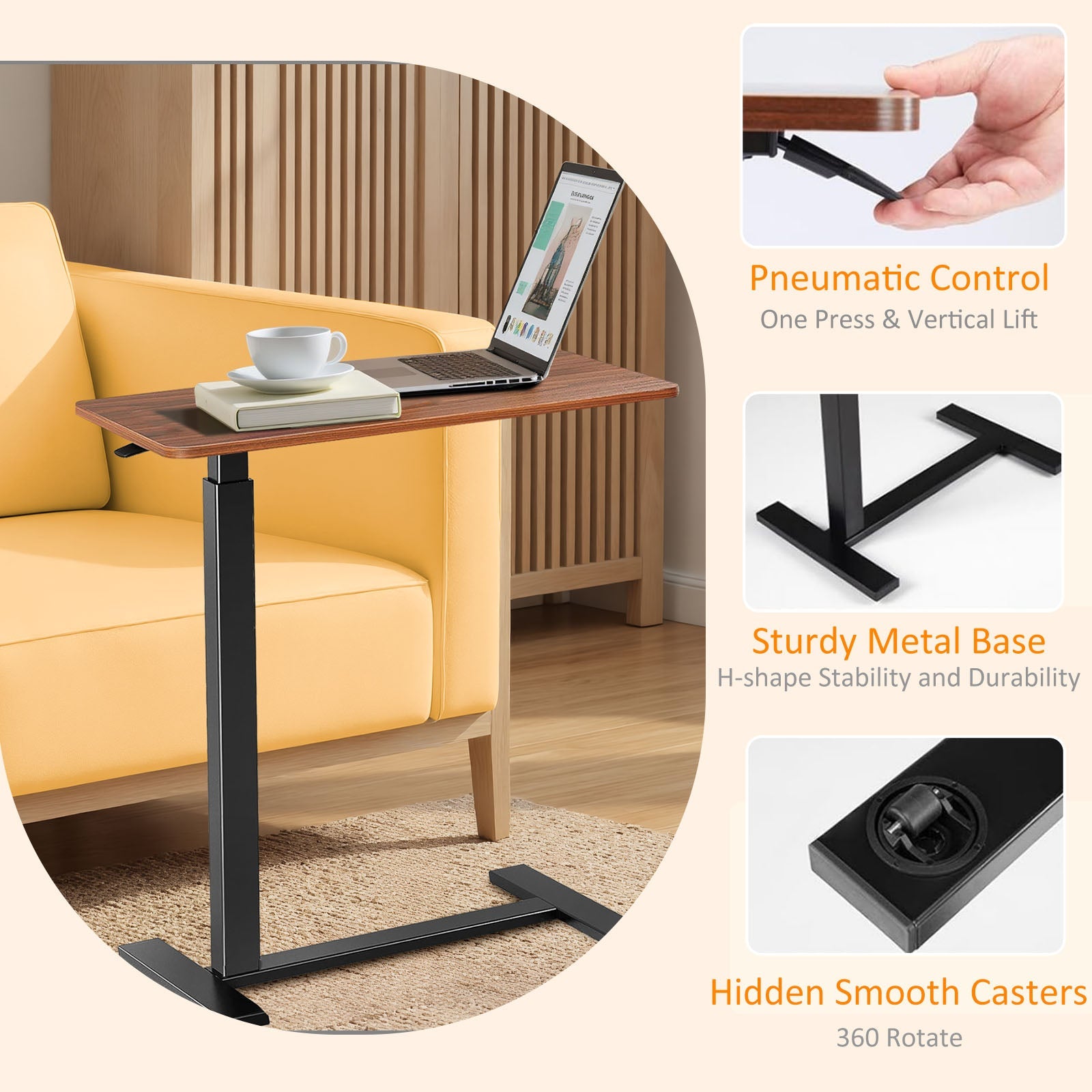 ACCVER Adjustable Overbed Table with Wheels for Hospital and Home Use, Rolling Laptop Desk and Mobile Standing Desk Portable Convenient Height, Brown