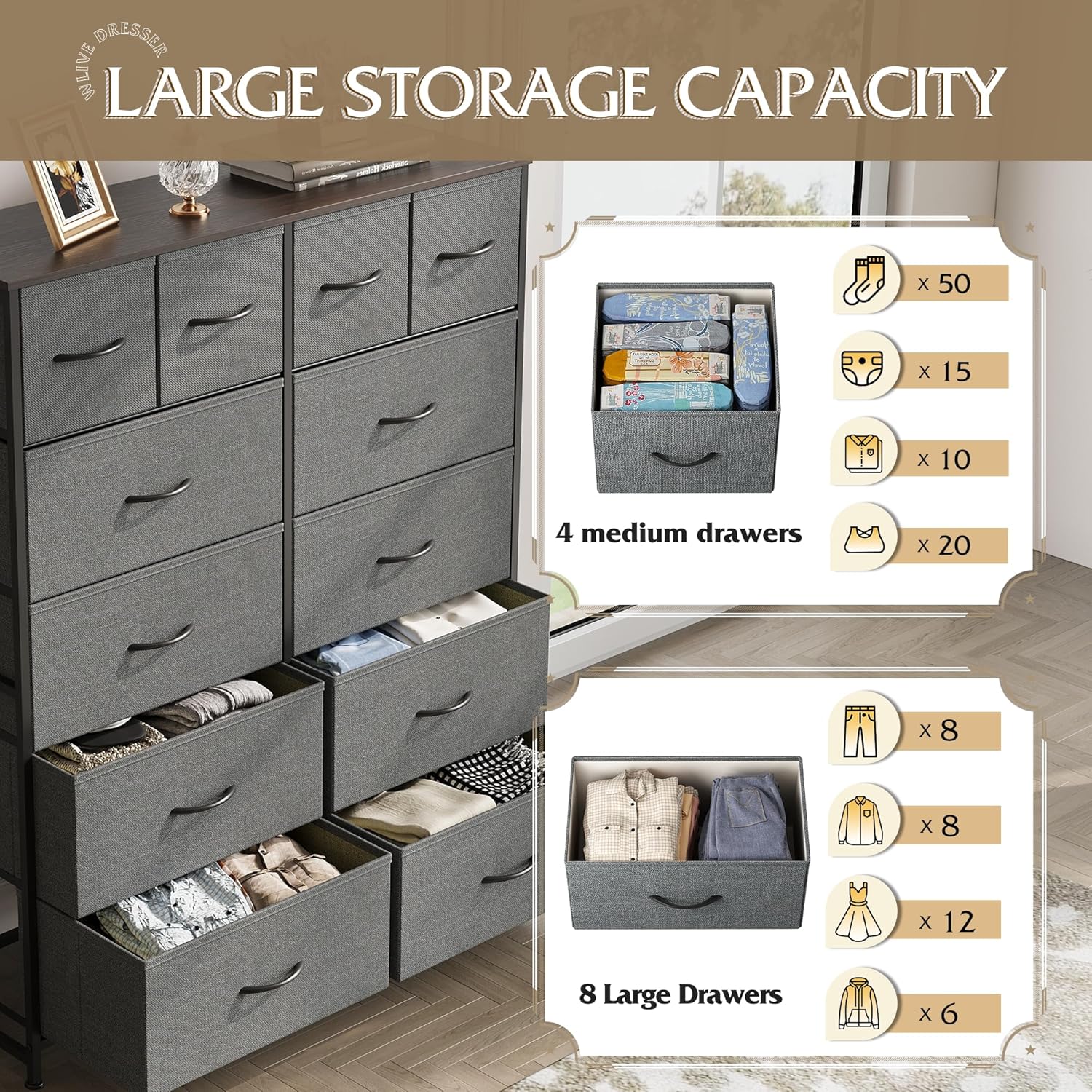 ACCVER Dresser for Bedroom 12 Storage drawer, Fabric Closet Chests Organizer Tower with Wooden Top Metal Frame for Living Room Hallway Entryway