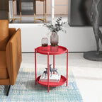 LIFERECORD 2-Tier Round Metal End Table with Removable Tray – Small Space-Saving Side Table for Living Room, Bedroom, Balcony, Patio, Red