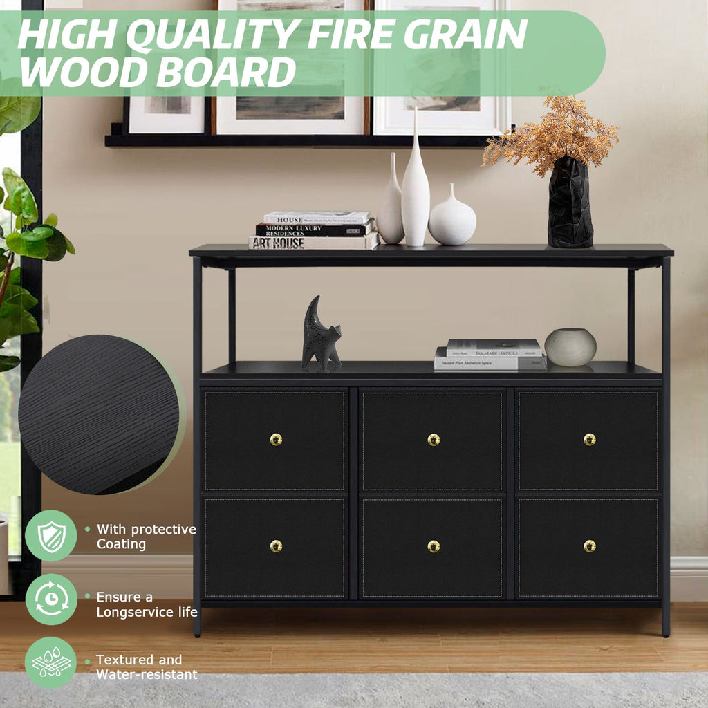 ACCVER 6-Drawer Dresser with Shelves, TV Stand with Fabric Drawers for Living Room, Closet and Chest for Bedroom & Apartment, Clothes Storage Organizer, Black