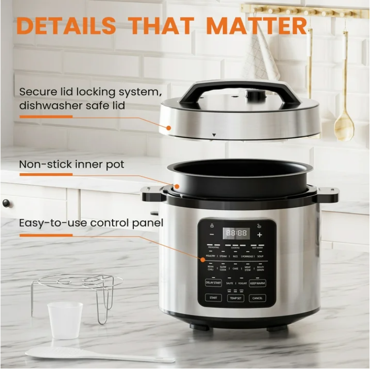 LIFERECORD Electric Pressure Cooker 6 Quart, 9-in-1 Multi Cooker with Stainless Steel Housing, Smart Slow Cooker, Rice Cooker, Steamer & Yogurt Maker for Family Meals