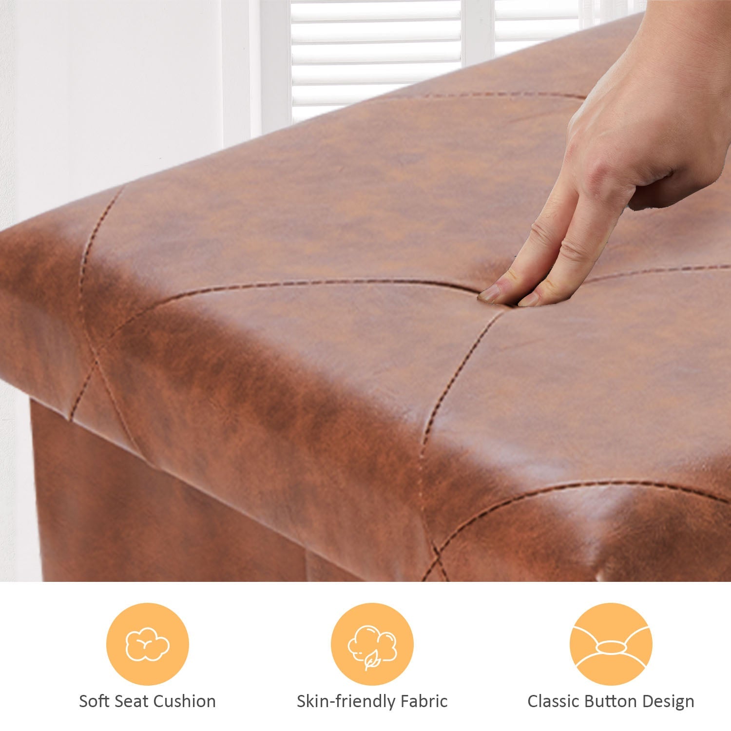 ACCVER 43" Storage Bench - Faux Leather Foldable Ottoman Upholstered Entryway Bench, 660lbs Large End of Bed Bench with Storage Chest for Bedroom, Living Room, Brown