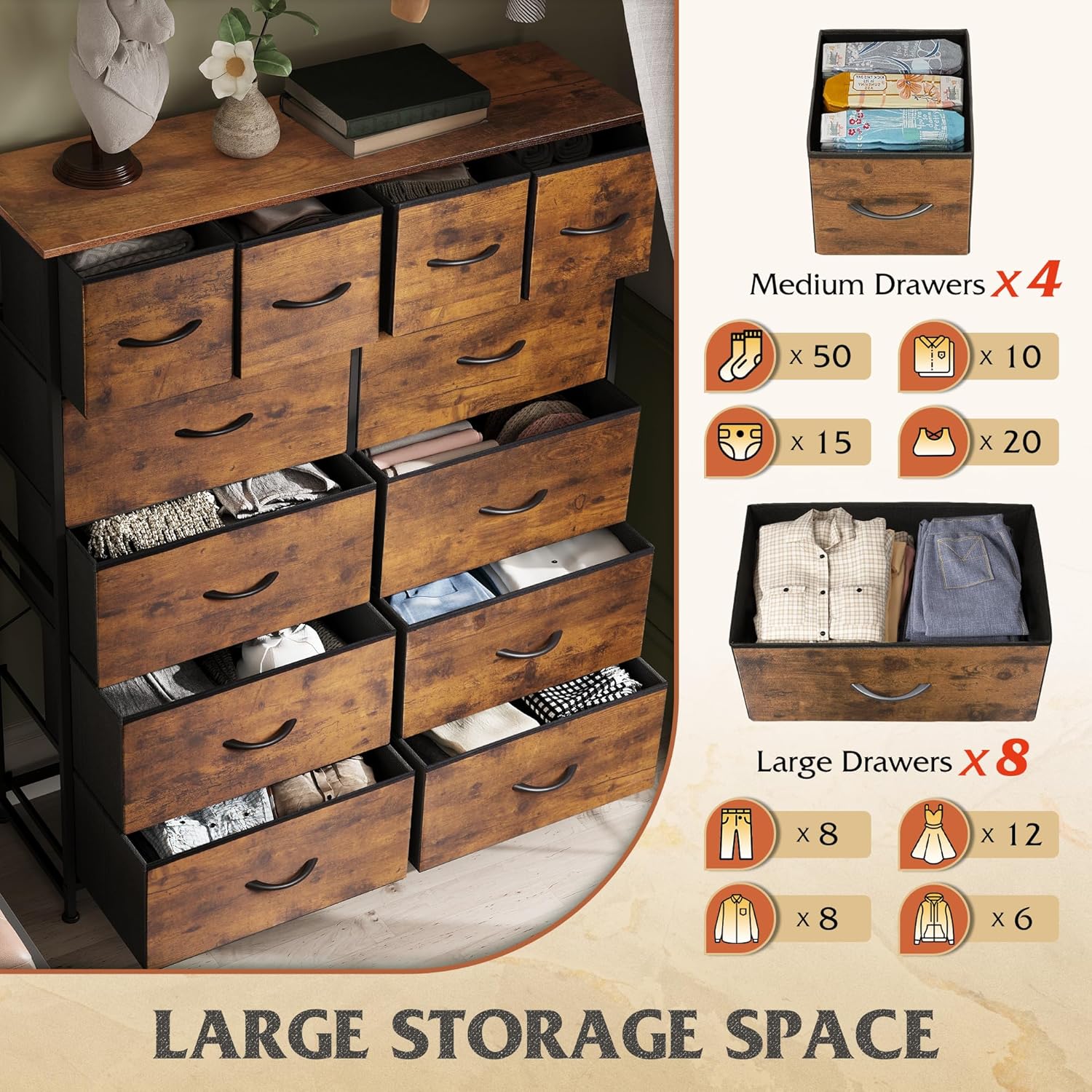 ACCVER Dresser for Bedroom 12 Storage drawer, Fabric Closet Chests Organizer Tower with Wooden Top Metal Frame for Living Room Hallway Entryway