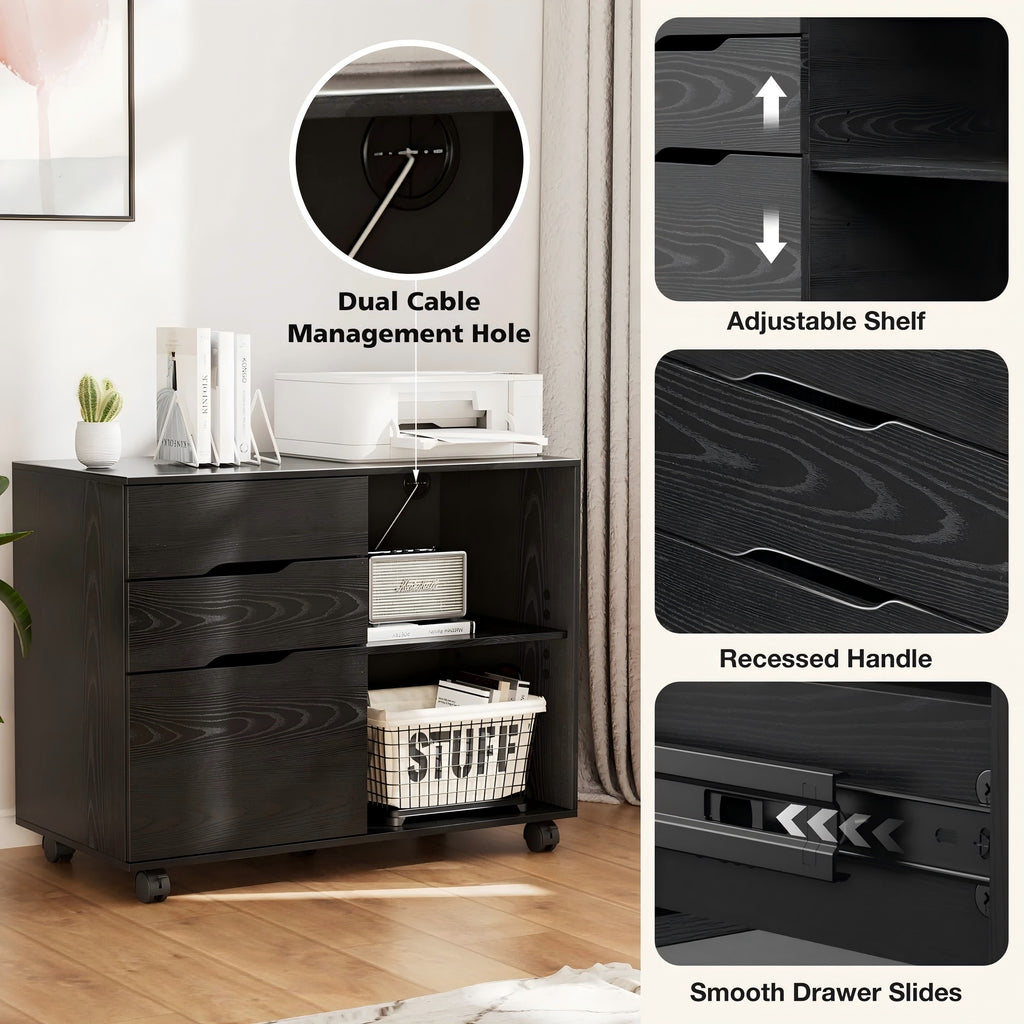 LIFERECORD 3-Drawer Lateral File Cabinet with Wheels, Mobile Rolling File Cabinet with Adjustable Shelf, Printer Stand for Home Office, Under Desk Storage Organizer, Wood Filing Cabinet Black