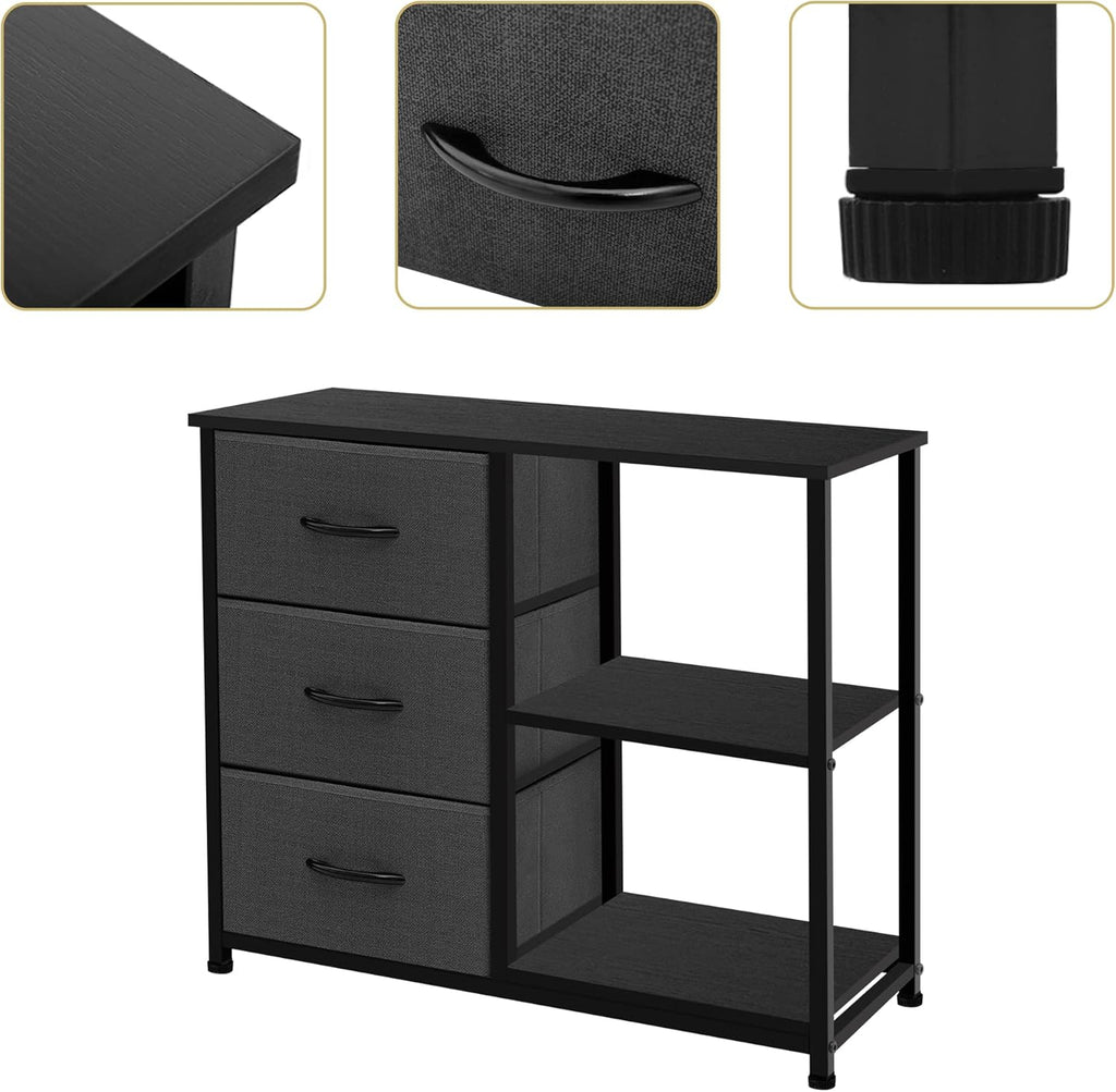 ACCVER 3-Drawer Fabric Dresser with Shelves, Closet and Chest for Bedroom, Clothes Storage Organizer, for Living Room, Apartment, Dark Grey