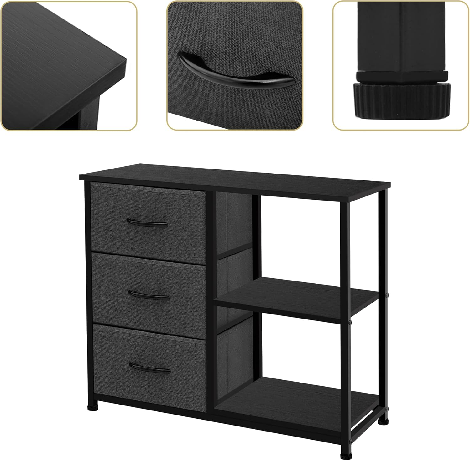 ACCVER 3-Drawer Fabric Dresser with Shelves, Closet and Chest for Bedroom, Clothes Storage Organizer, for Living Room, Apartment, Dark Grey