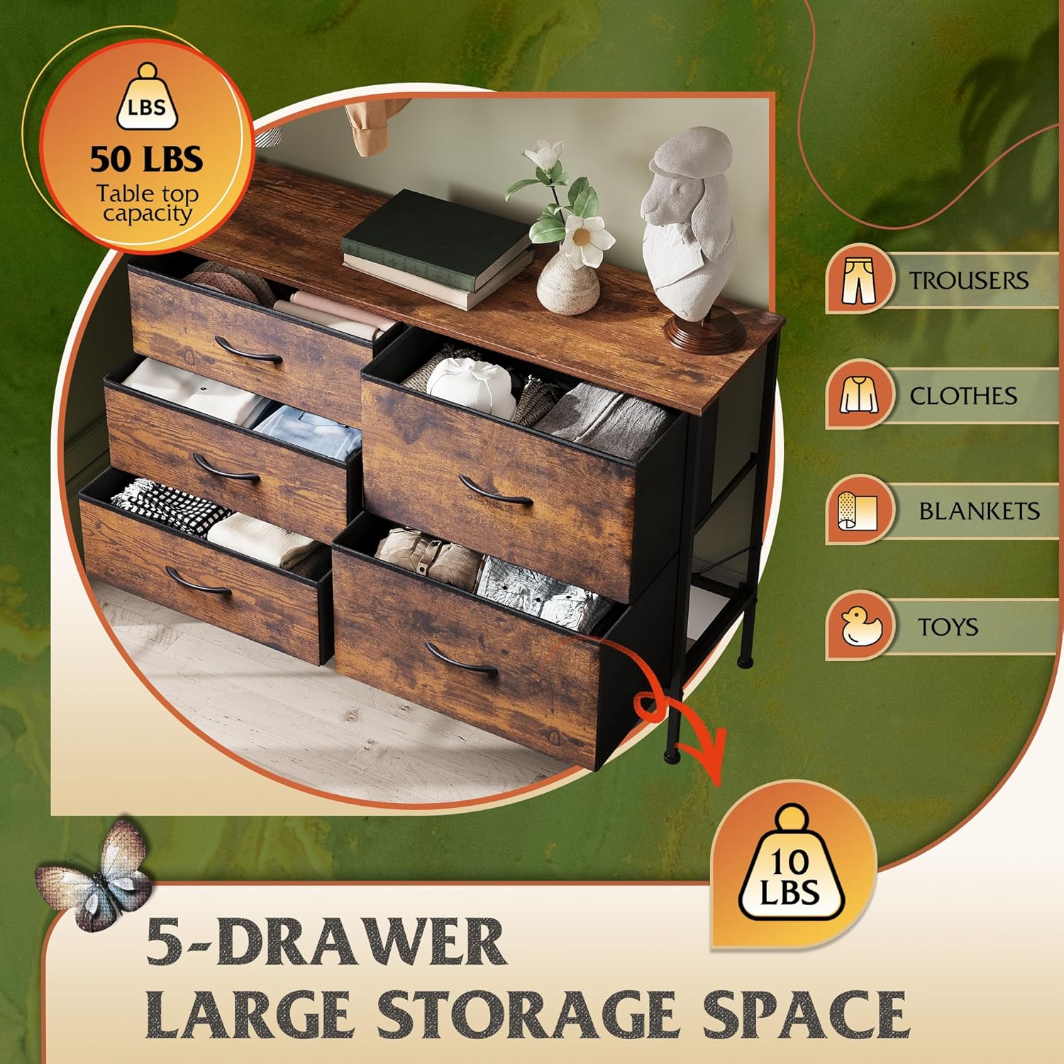 ACCVER 5-Drawer Fabric Dresser with Wood Top & Metal Frame, Closet and Chest for Bedroom, Clothes Storage Organizer, for Living Room, Apartment,Brown