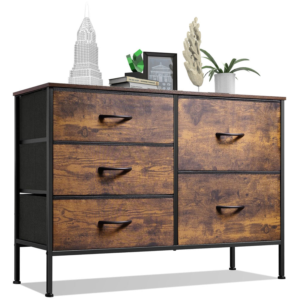 ACCVER 5-Drawer Fabric Dresser with Wood Top & Metal Frame, Closet and Chest for Bedroom, Clothes Storage Organizer, for Living Room, Apartment,Brown
