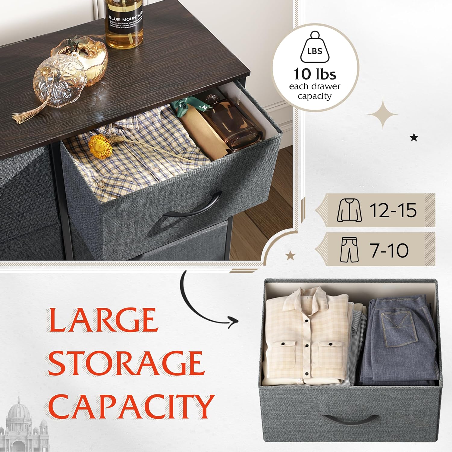 ACCVER Dresser for Bedroom 6 Storage drawer, Fabric Closet Chests Organizer Tower with Wooden Top Metal Frame for Living Room Hallway Entryway