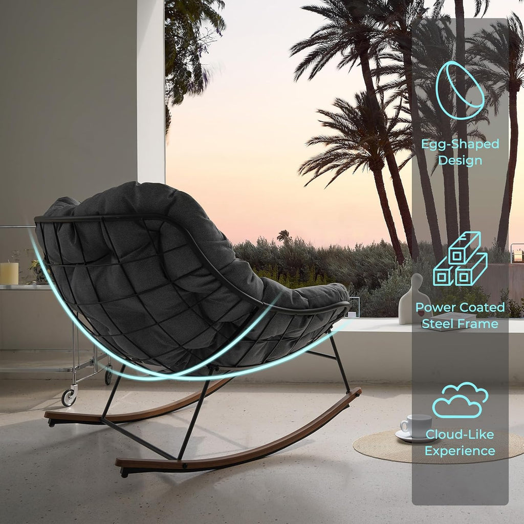 Outdoor Rocking Chair E-Coated Rocking Chair with Cushion Outdoor Rocker Recliner Chair for Patio Porch Garden Backyard, Gray