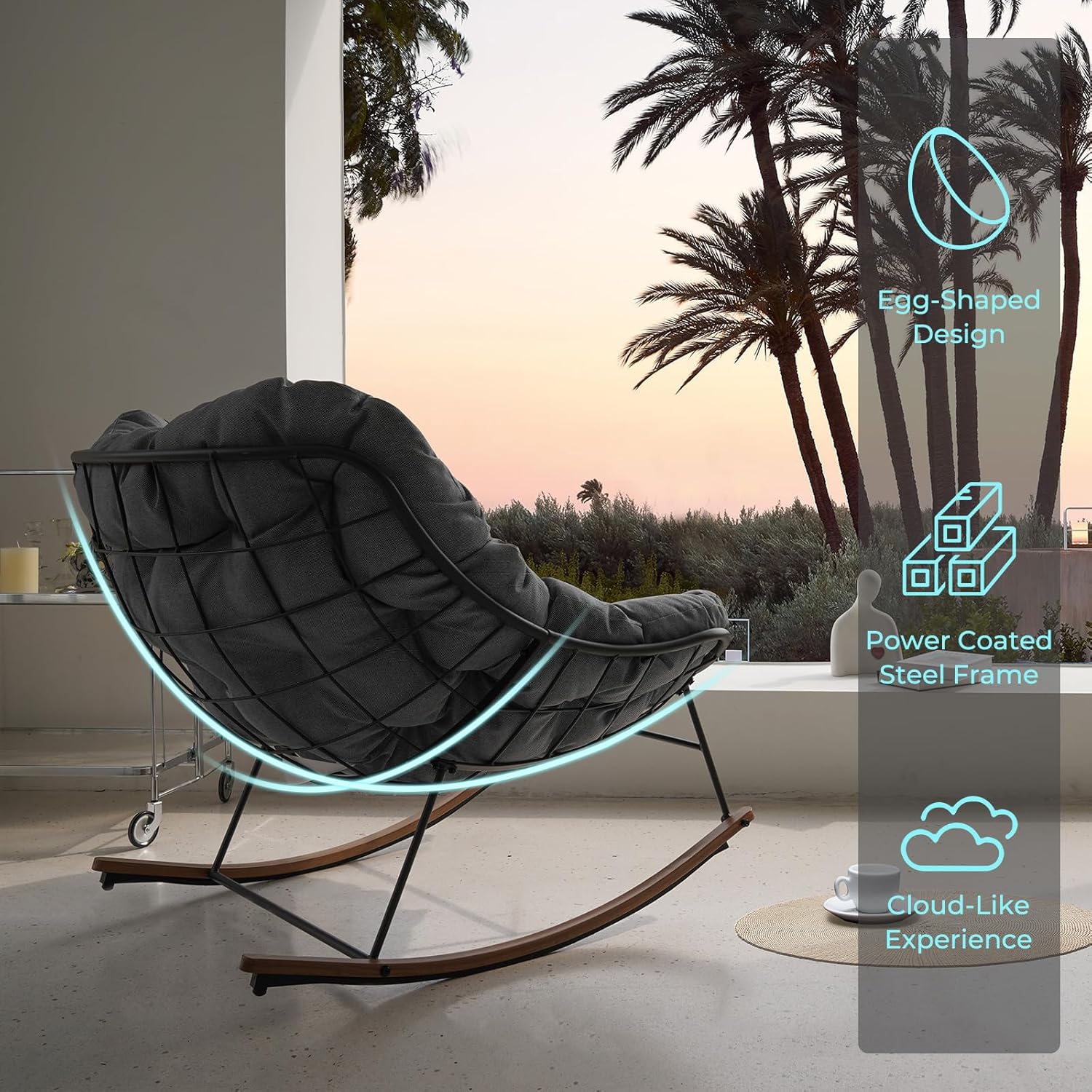 Outdoor Rocking Chair E-Coated Rocking Chair with Cushion Outdoor Rocker Recliner Chair for Patio Porch Garden Backyard, Gray