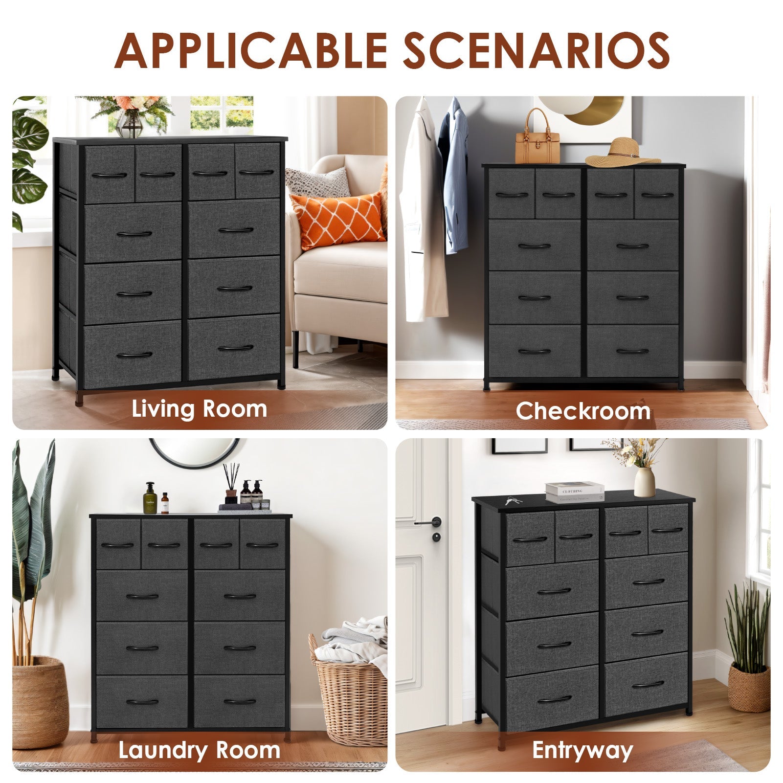 ACCVER Dresser for Bedroom 10 Storage drawer, Fabric Closet Chests Organizer Tower with Wooden Top Metal Frame for Living Room Hallway Entryway