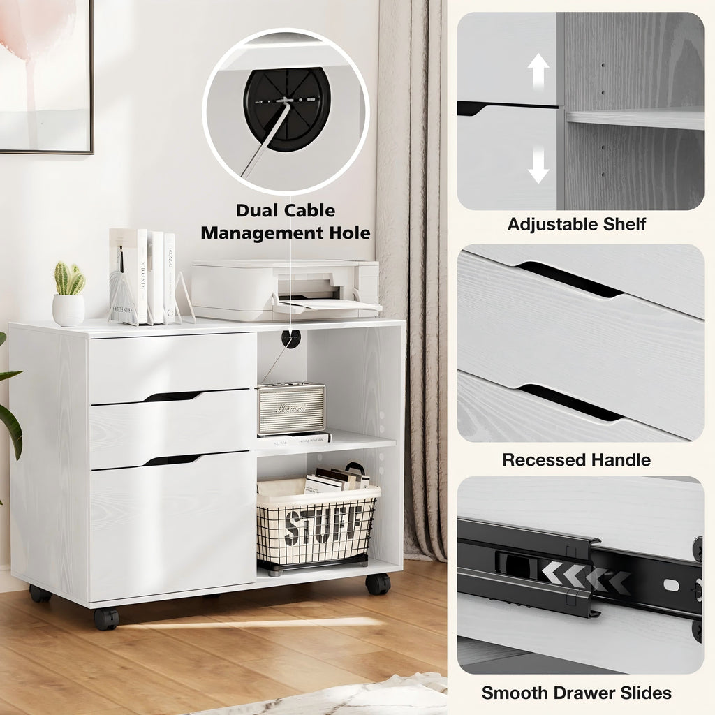 LIFERECORD 3-Drawer Lateral File Cabinet with Wheels, Mobile Rolling File Cabinet with Adjustable Shelf, Printer Stand for Home Office, Under Desk Storage Organizer, Wood Filing Cabinet White