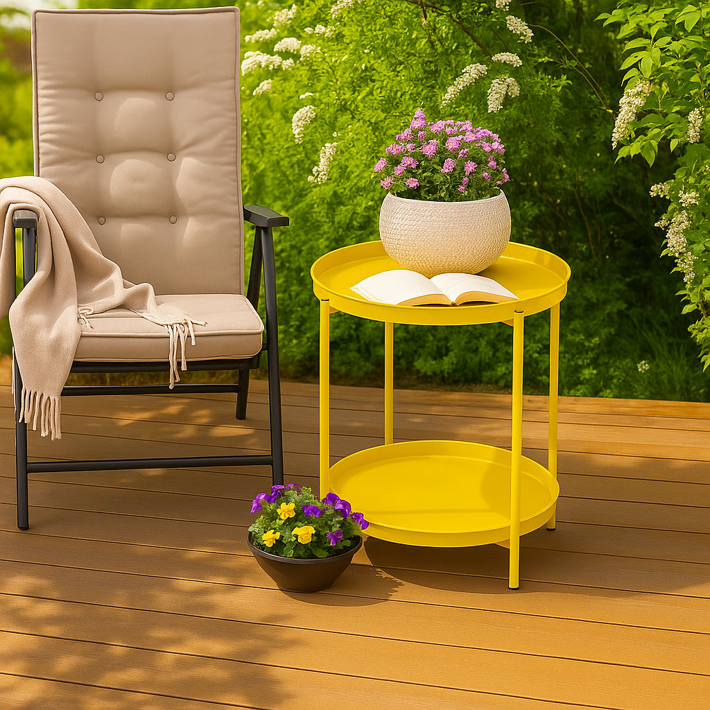 LIFERECORD 2-Tier Round Metal End Table with Removable Tray – Small Space-Saving Side Table for Living Room, Bedroom, Balcony, Patio, Yellow