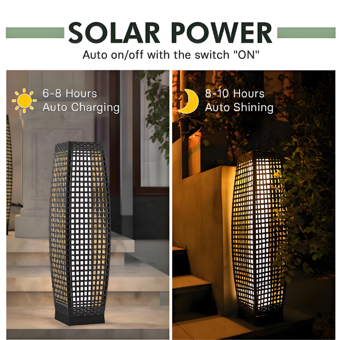 LIFERECORD Solar Powered Outdoor Floor Lamp - Waterproof Wicker Deck Lighting for Patio Garden Porch, Automatic Weather Resistant Solar Lantern, Easy Use No Wiring Needed