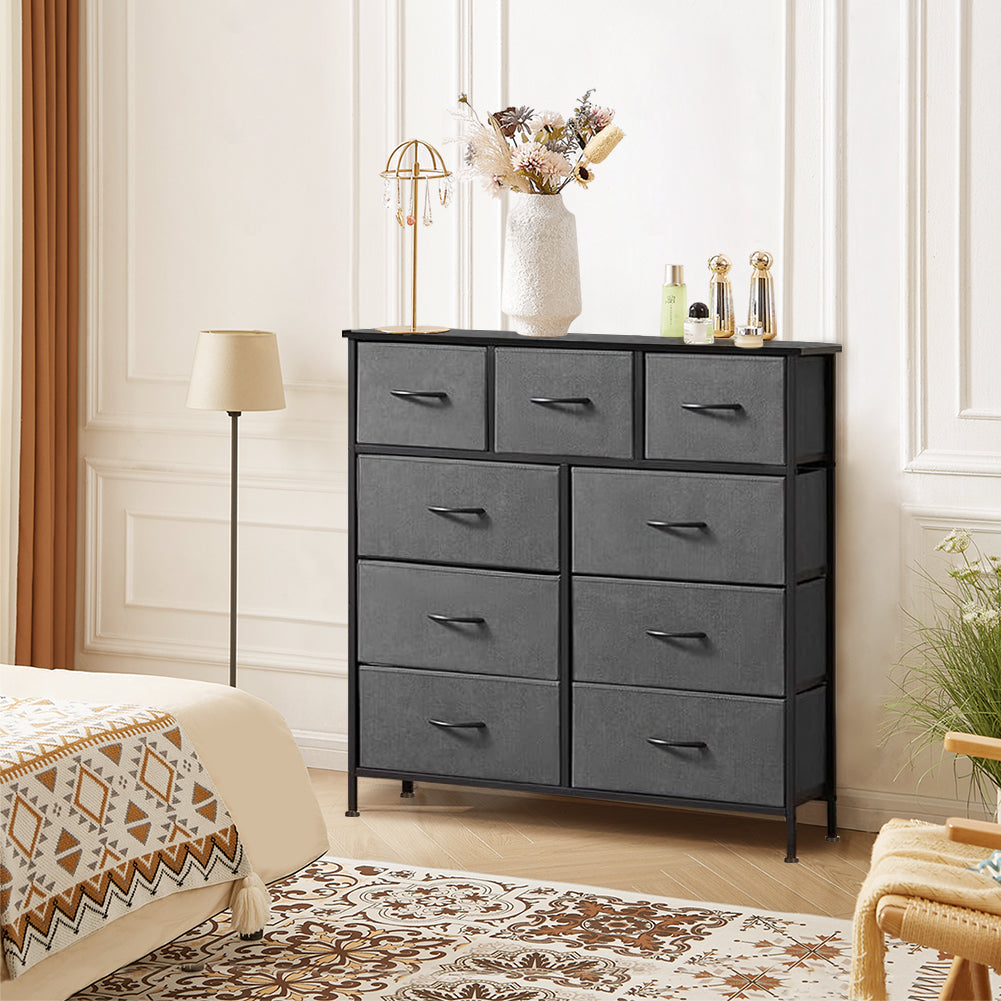 ACCVER 9-Drawer Fabric Dresser with Wood Top & Metal Frame, Closet and Chest for Bedroom, Clothes Storage Organizer, for Living Room, Apartment,Dark Grey