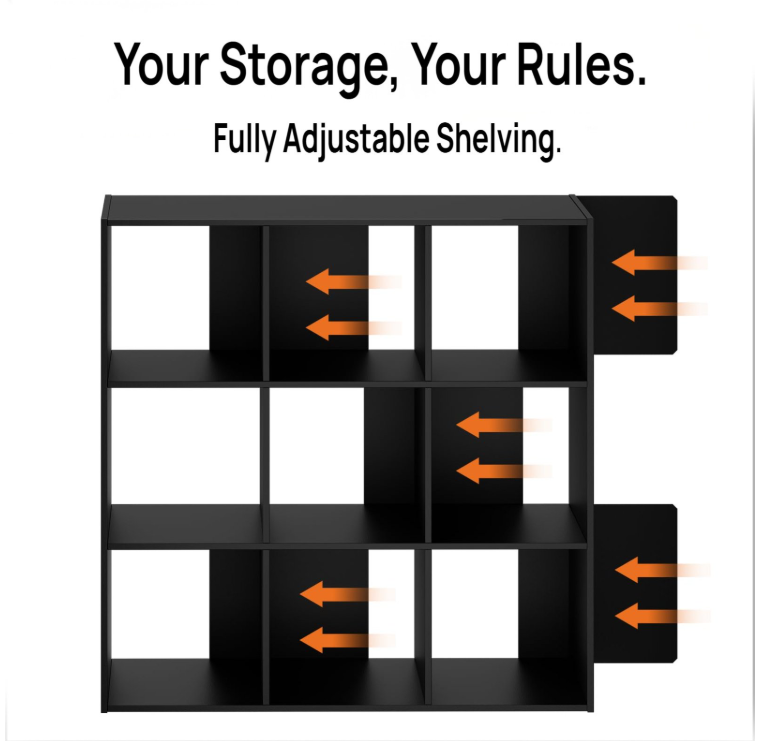 LIFERECORD 9 Cube Storage Organizer, 11x11 Cube Bookshelf with 5 Removable Back Panels, Open Cube Shelf for Living Room, Bedroom, Home Office, Kids Room, 35.9" L x 11.6" W x 35.2" H Black