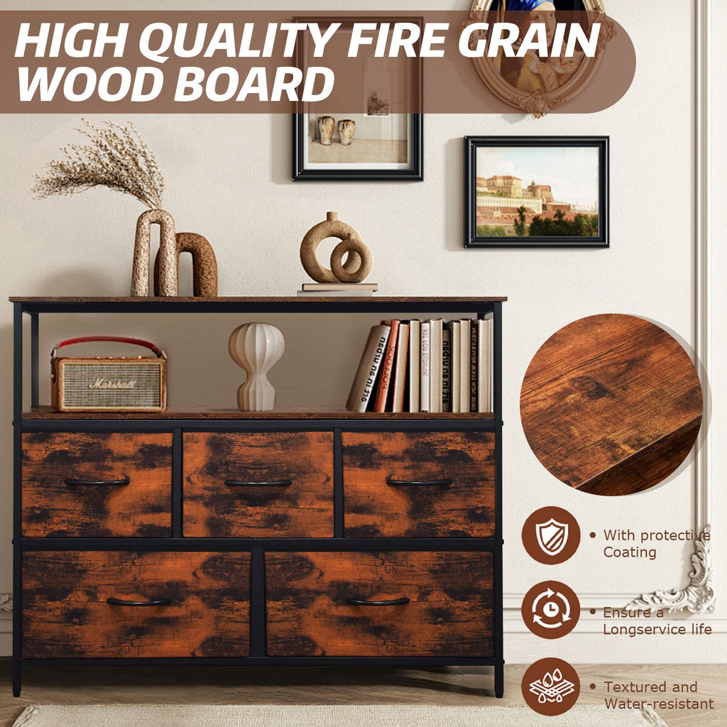 ACCVER 5-Drawer Dresser with Shelves, TV Stand with Fabric Drawers for Living Room, Closet and Chest for Bedroom & Apartment, Clothes Storage Organizer, Brown