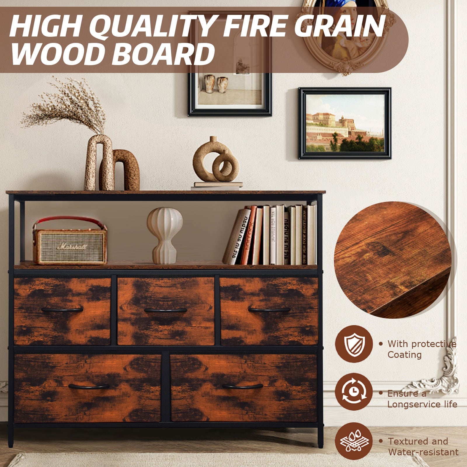 ACCVER 5-Drawer Dresser with Shelves, TV Stand with Fabric Drawers for Living Room, Closet and Chest for Bedroom & Apartment, Clothes Storage Organizer, Brown