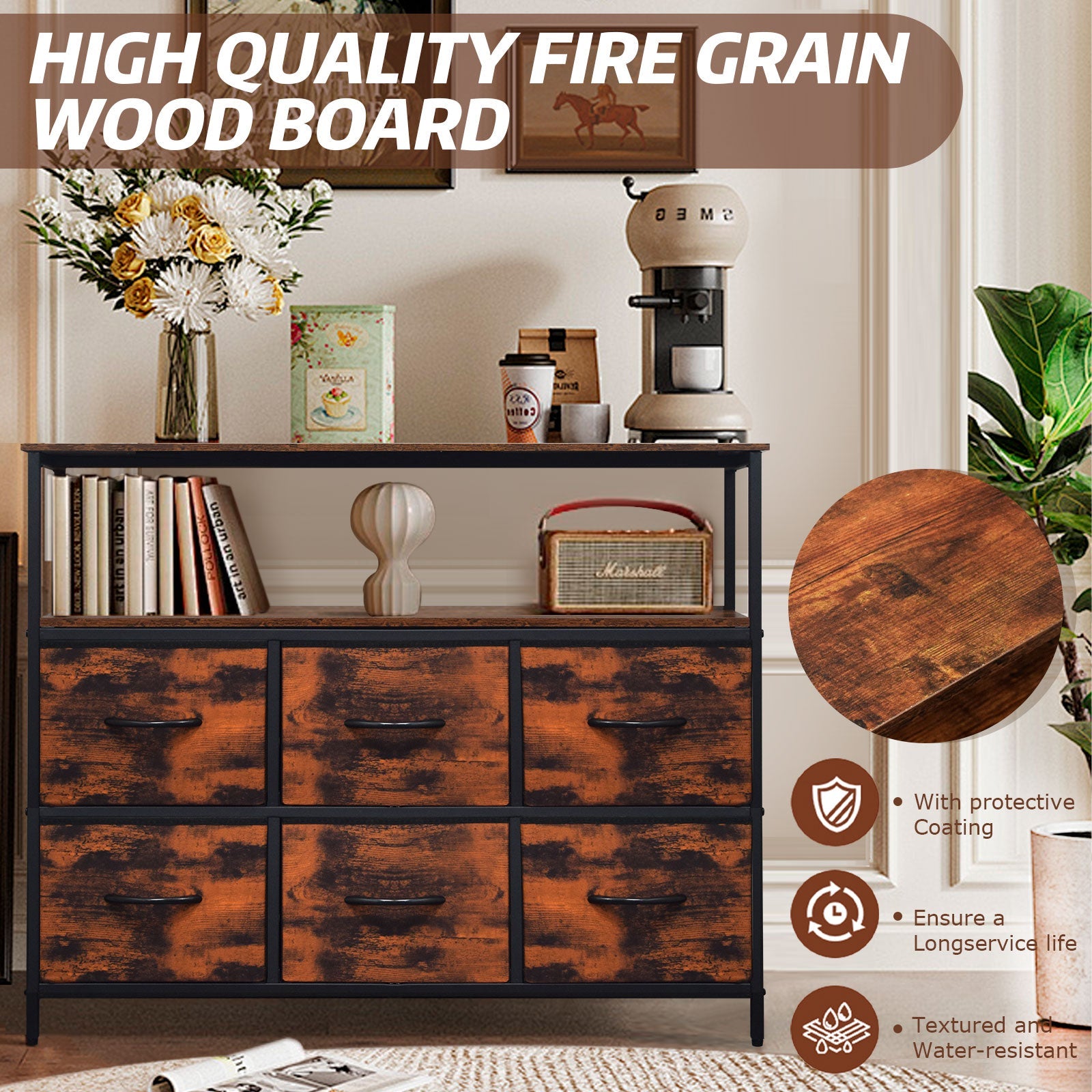 ACCVER 6-Drawer Dresser with Shelves, TV Stand with Fabric Drawers for Living Room, Closet and Chest for Bedroom & Apartment, Clothes Storage Organizer, Brown