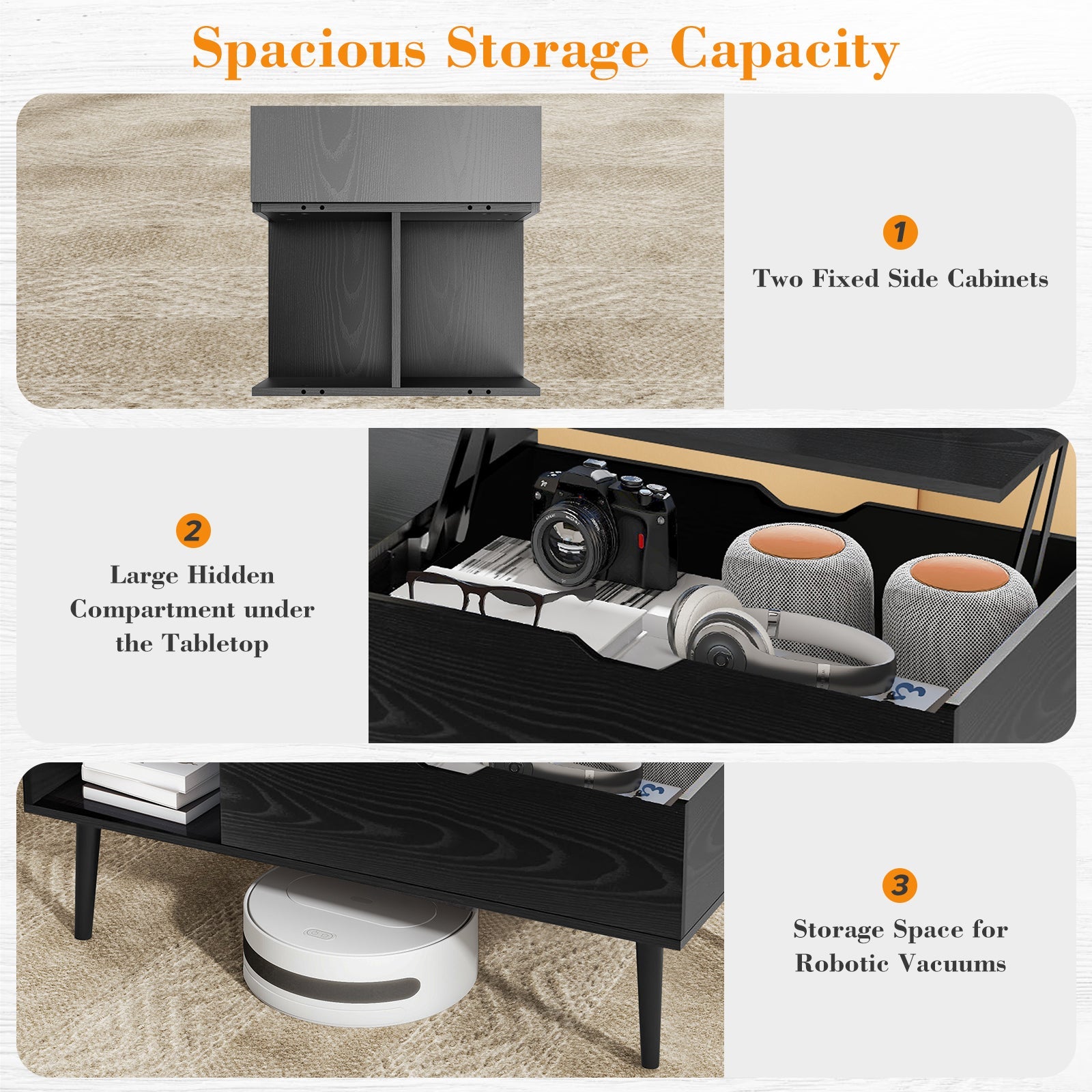 LIFERECORD Lift Top Coffee Table with Hidden Compartment, Wooden Center Tables with Storage Shelf for Living Room, Reception Room, Classic Black