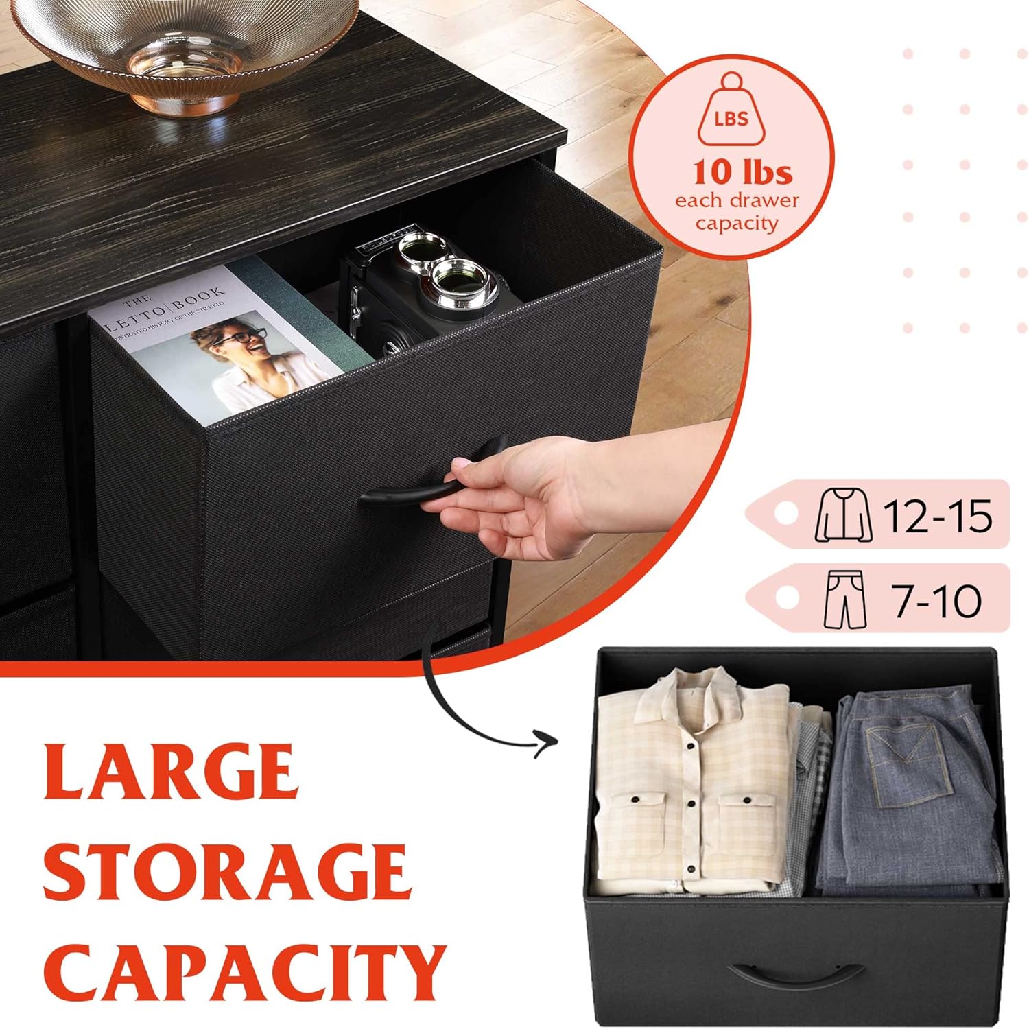 ACCVER 10-Drawer Fabric Dresser with Wood Top & Metal Frame, Closet and Chest for Bedroom, Clothes Storage Organizer, for Living Room, Apartment,Black