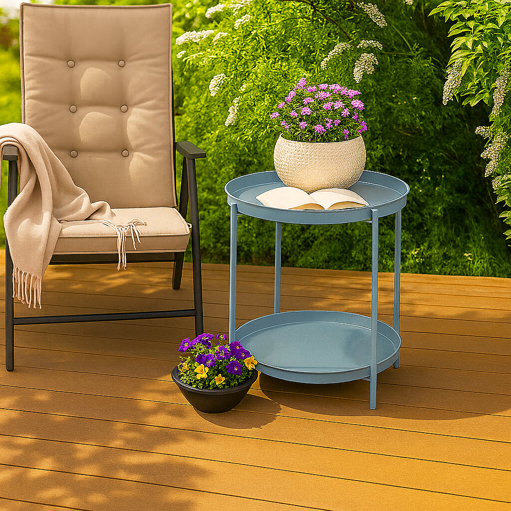 LIFERECORD 2-Tier Round Metal End Table with Removable Tray – Small Space-Saving Side Table for Living Room, Bedroom, Balcony, Patio, Blue