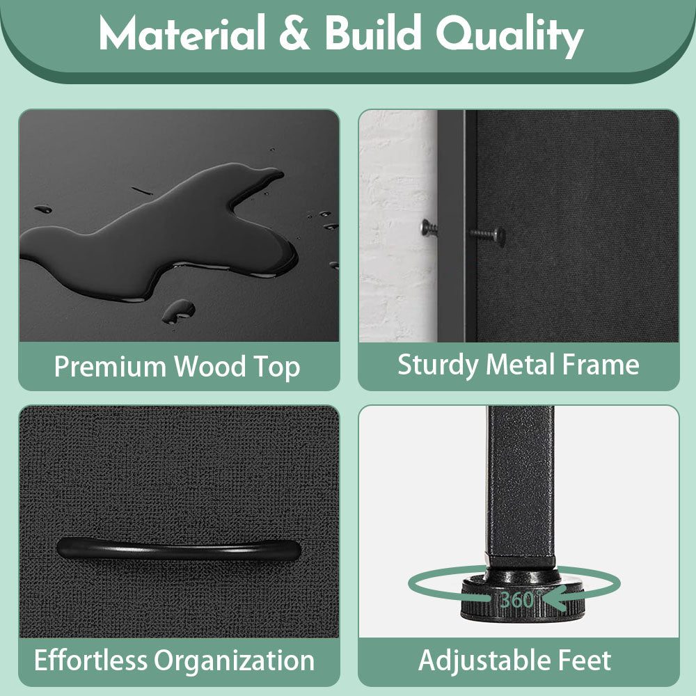 ACCVER 5-Drawer Fabric Dresser with Wood Top & Metal Frame, Closet and Chest for Bedroom, Clothes Storage Organizer, for Living Room, Apartment,Black