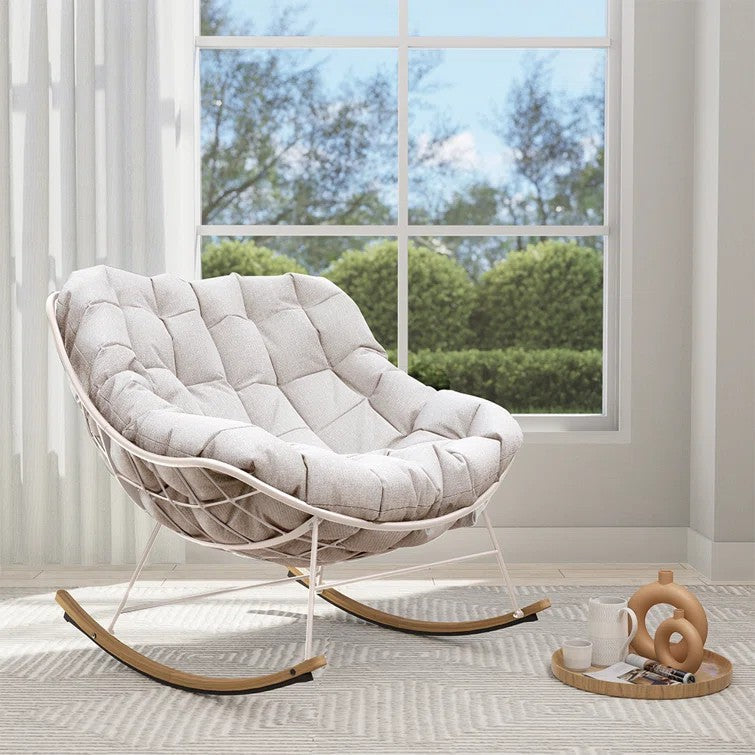 Outdoor Rocking Chair E-Coated Rocking Chair with Cushion Outdoor Rocker Recliner Chair for Patio Porch Garden Backyard, Beige