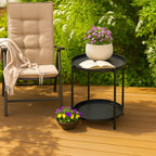 LIFERECORD 2-Tier Round Metal End Table with Removable Tray – Small Space-Saving Side Table for Living Room, Bedroom, Balcony, Patio, Black