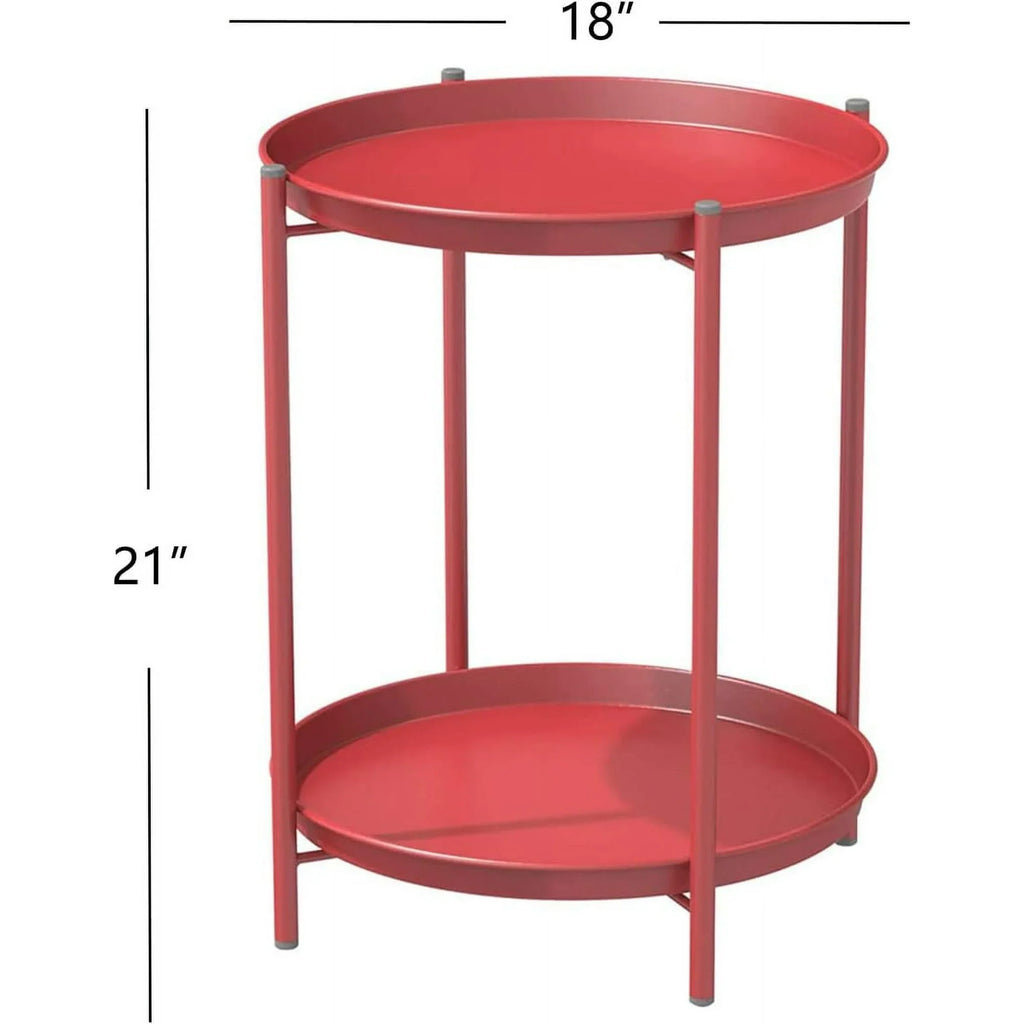 LIFERECORD 2-Tier Round Metal End Table with Removable Tray – Small Space-Saving Side Table for Living Room, Bedroom, Balcony, Patio, Red