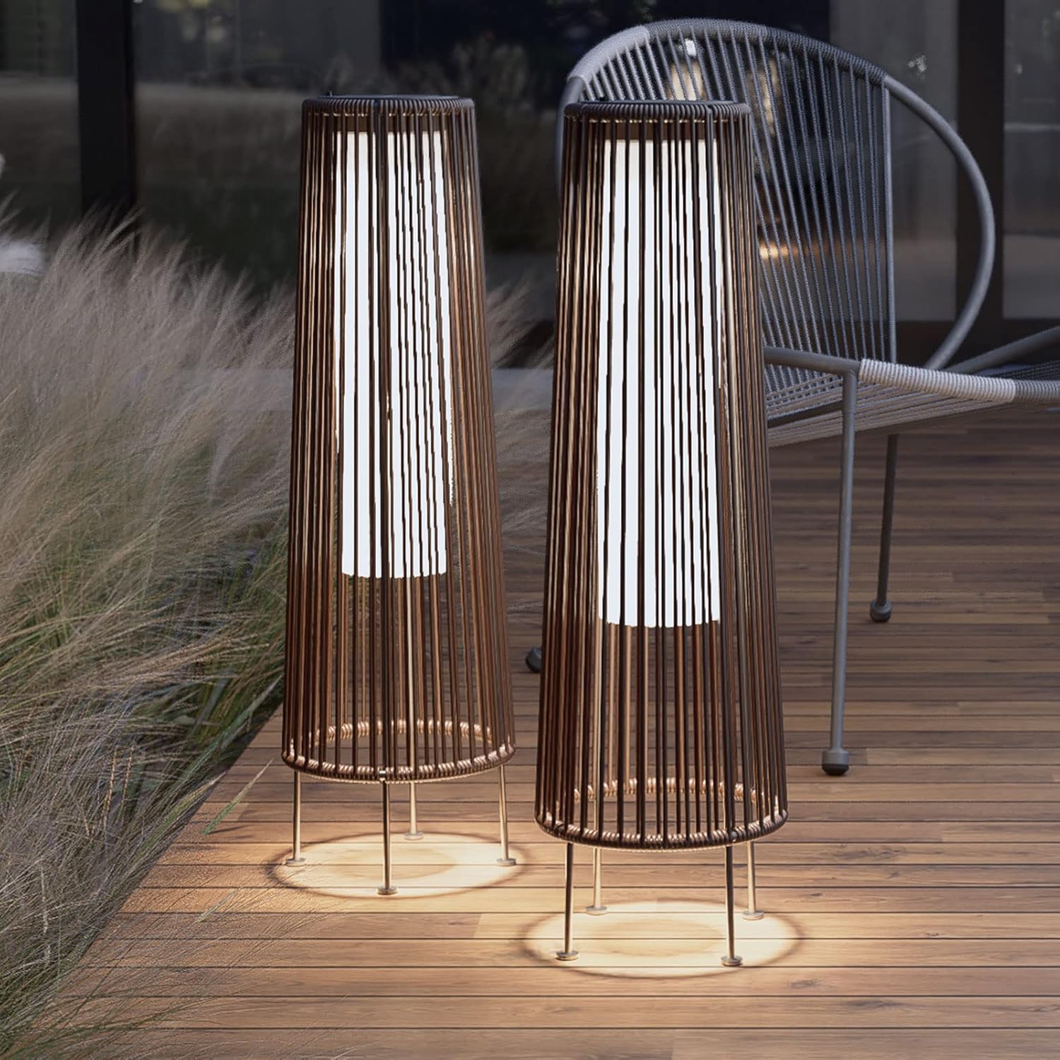 ACCVER Outdoor Floor Lamp 2-Pack, All-Weather Wicker Outdoor Solar Floor Lights, Waterproof, Dark Brown