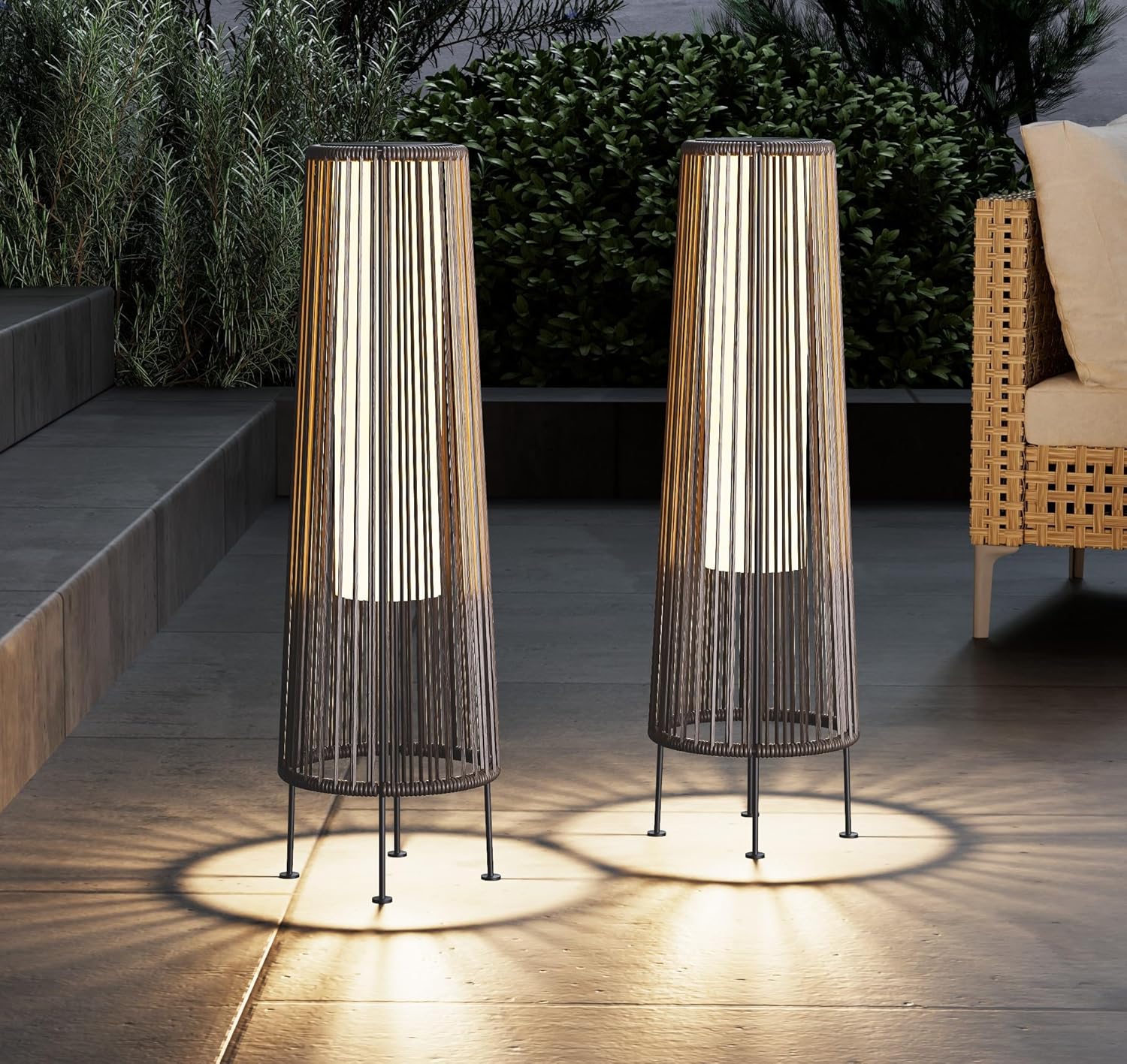 ACCVER Outdoor Floor Lamp 2-Pack, All-Weather Wicker Outdoor Solar Floor Lights, Waterproof, Light Brown