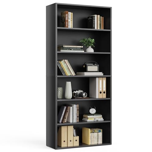 LIFERECORD Bookshelf, 6-Tier Bookcase, Wooden Book Shelf, Open Storage Shelf, 9.4 x 23.6 x 52.8 Inches, for Living Room, Home Office, Dinning Room, Black