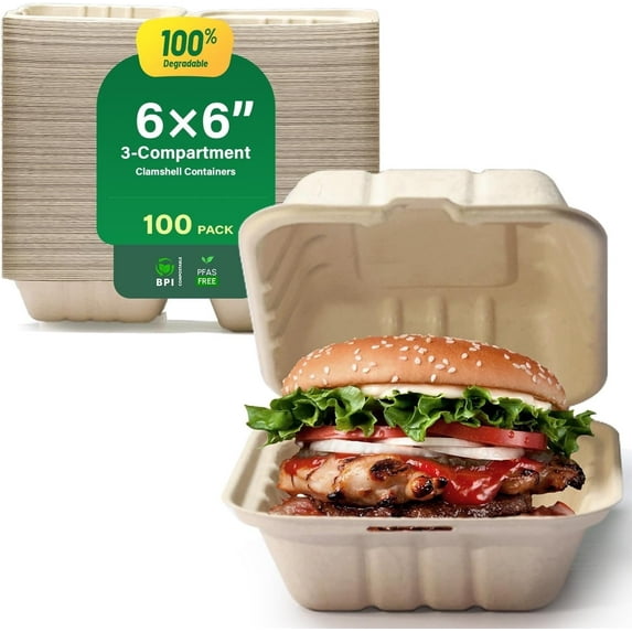 Airdown Compostable Clamshell Food Containers for Takeout - Heavy-Duty Quality. Made from Natural Sugar Cane Fibers, Eco-Friendly & Biodegradable