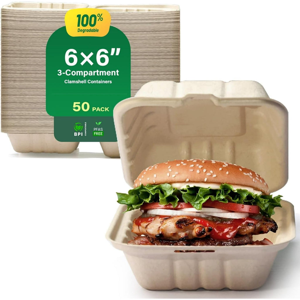 Airdown Compostable Clamshell Food Containers for Takeout - Heavy-Duty Quality. Made from Natural Sugar Cane Fibers, Eco-Friendly & Biodegradable
